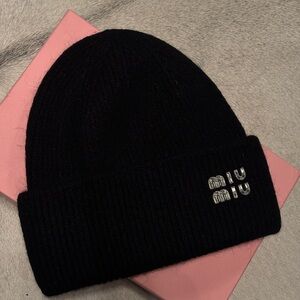 Miu Miu Black Knit Hat with Silver Logo